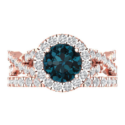 1.795 cttw Round Cut Natural London Blue Topaz Bridal Set - Solid Rose Gold Engagement Ring & Wedding Band