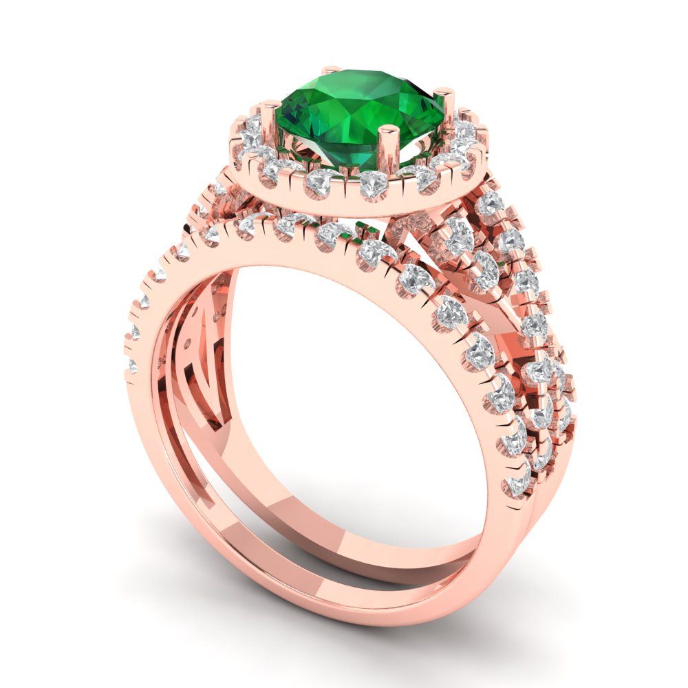 1.795 cttw Round Cut Simulated Emerald Bridal Set - Solid Rose Gold Engagement Ring & Wedding Band