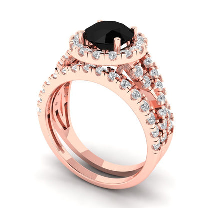 1.795 cttw Round Cut Natural Onyx Bridal Set - Solid Rose Gold Engagement Ring & Wedding Band