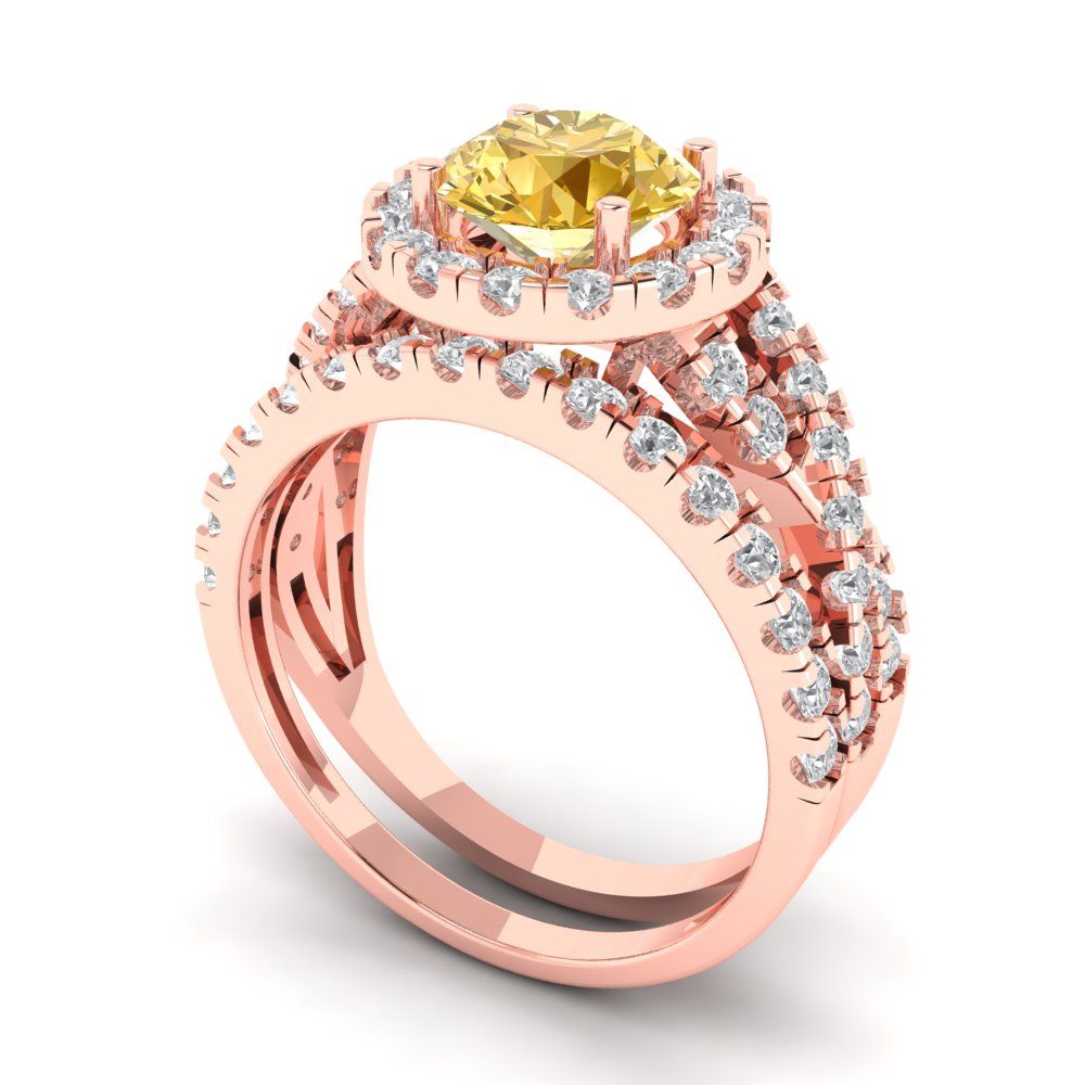 1.795 cttw Round Cut Yellow Moissanite Bridal Set - Solid Rose Gold Engagement Ring & Wedding Band