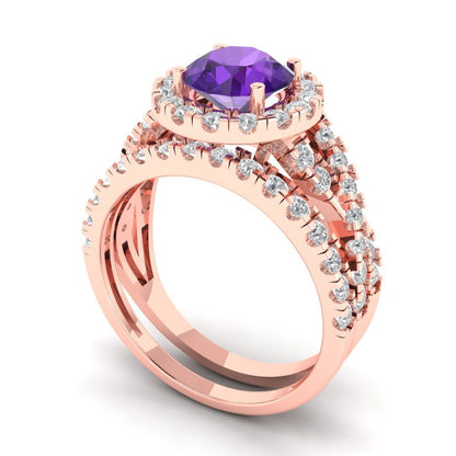 1.795 cttw Round Cut Natural Amethyst Bridal Set - Solid Rose Gold Engagement Ring & Wedding Band