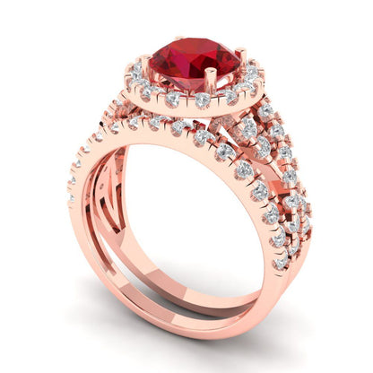 1.795 cttw Round Cut Simulated Ruby Bridal Set - Solid Rose Gold Engagement Ring & Wedding Band