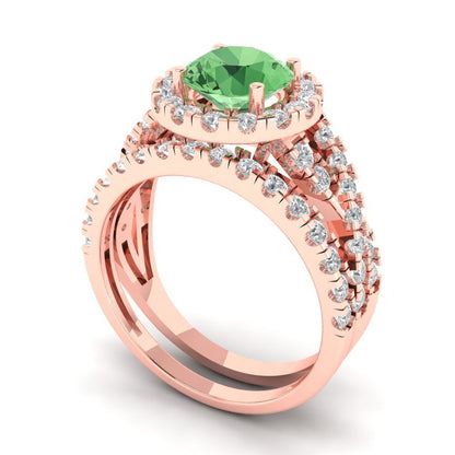 1.795 cttw Round Cut Simulated Green Diamond Bridal Set - Solid Rose Gold Engagement Ring & Wedding Band
