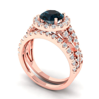 1.795 cttw Round Cut Natural London Blue Topaz Bridal Set - Solid Rose Gold Engagement Ring & Wedding Band