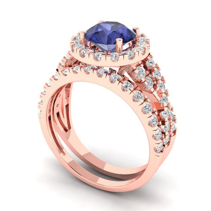 1.795 cttw Round Cut Simulated Tanzanite Bridal Set - Solid Rose Gold Engagement Ring & Wedding Band