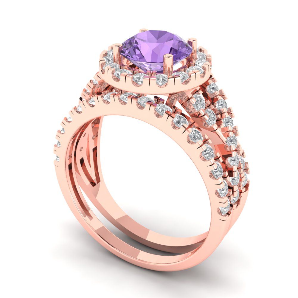 1.795 cttw Round Cut Simulated Alexandrite Bridal Set - Solid Rose Gold Engagement Ring & Wedding Band