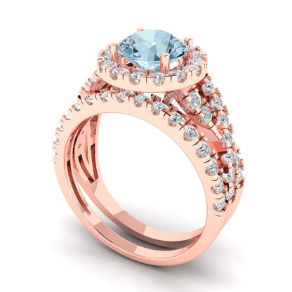 1.795 cttw Round Cut Natural Sky Blue Topaz Bridal Set - Solid Rose Gold Engagement Ring & Wedding Band