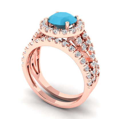1.795 cttw Round Cut Simulated Turquoise Bridal Set - Solid Rose Gold Engagement Ring & Wedding Band