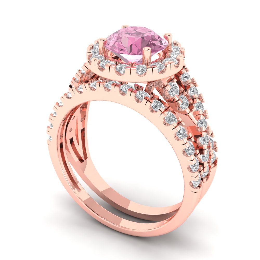 1.795 cttw Round Cut Simulated Pink Diamond Bridal Set - Solid Rose Gold Engagement Ring & Wedding Band