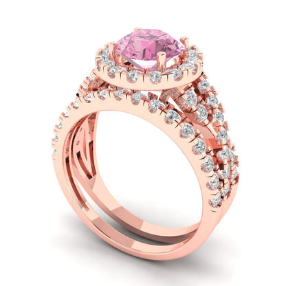1.795 cttw Round Cut Simulated Pink Diamond Bridal Set - Solid Rose Gold Engagement Ring & Wedding Band