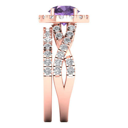 1.795 cttw Round Cut Simulated Alexandrite Bridal Set - Solid Rose Gold Engagement Ring & Wedding Band