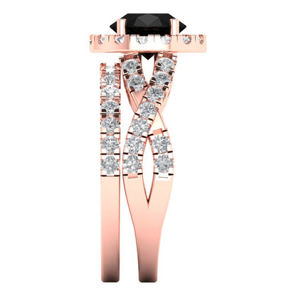 1.795 cttw Round Cut Natural Onyx Bridal Set - Solid Rose Gold Engagement Ring & Wedding Band