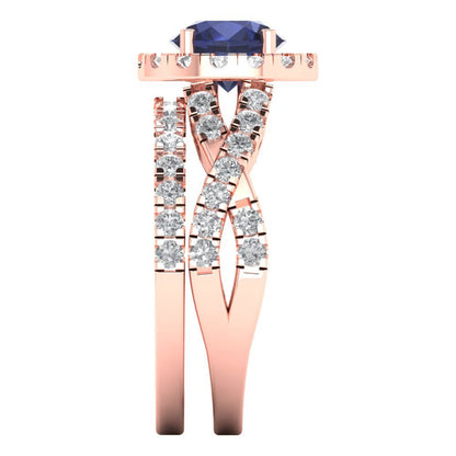 1.795 cttw Round Cut Simulated Blue Sapphire Bridal Set - Solid Rose Gold Engagement Ring & Wedding Band
