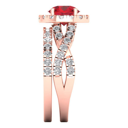 1.795 cttw Round Cut Simulated Ruby Bridal Set - Solid Rose Gold Engagement Ring & Wedding Band