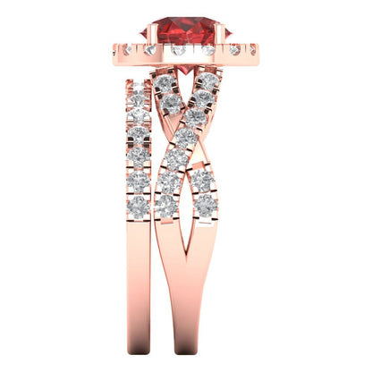 1.795 cttw Round Cut Natural Garnet Bridal Set - Solid Rose Gold Engagement Ring & Wedding Band