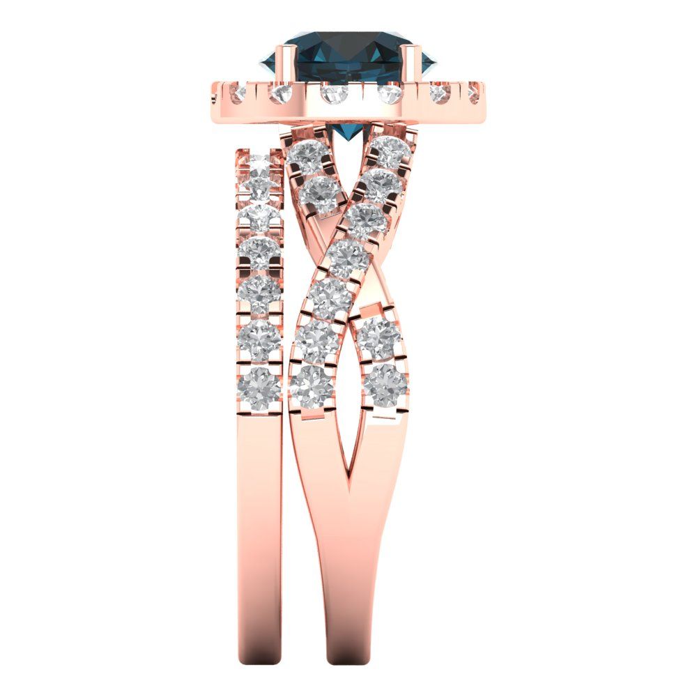 1.795 cttw Round Cut Natural London Blue Topaz Bridal Set - Solid Rose Gold Engagement Ring & Wedding Band