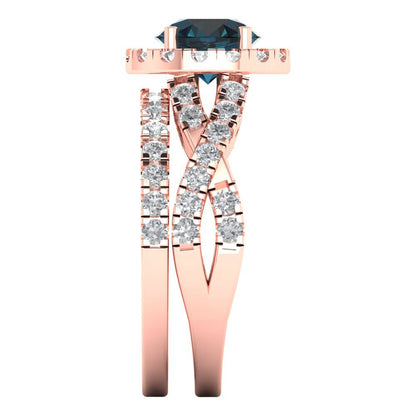 1.795 cttw Round Cut Natural London Blue Topaz Bridal Set - Solid Rose Gold Engagement Ring & Wedding Band