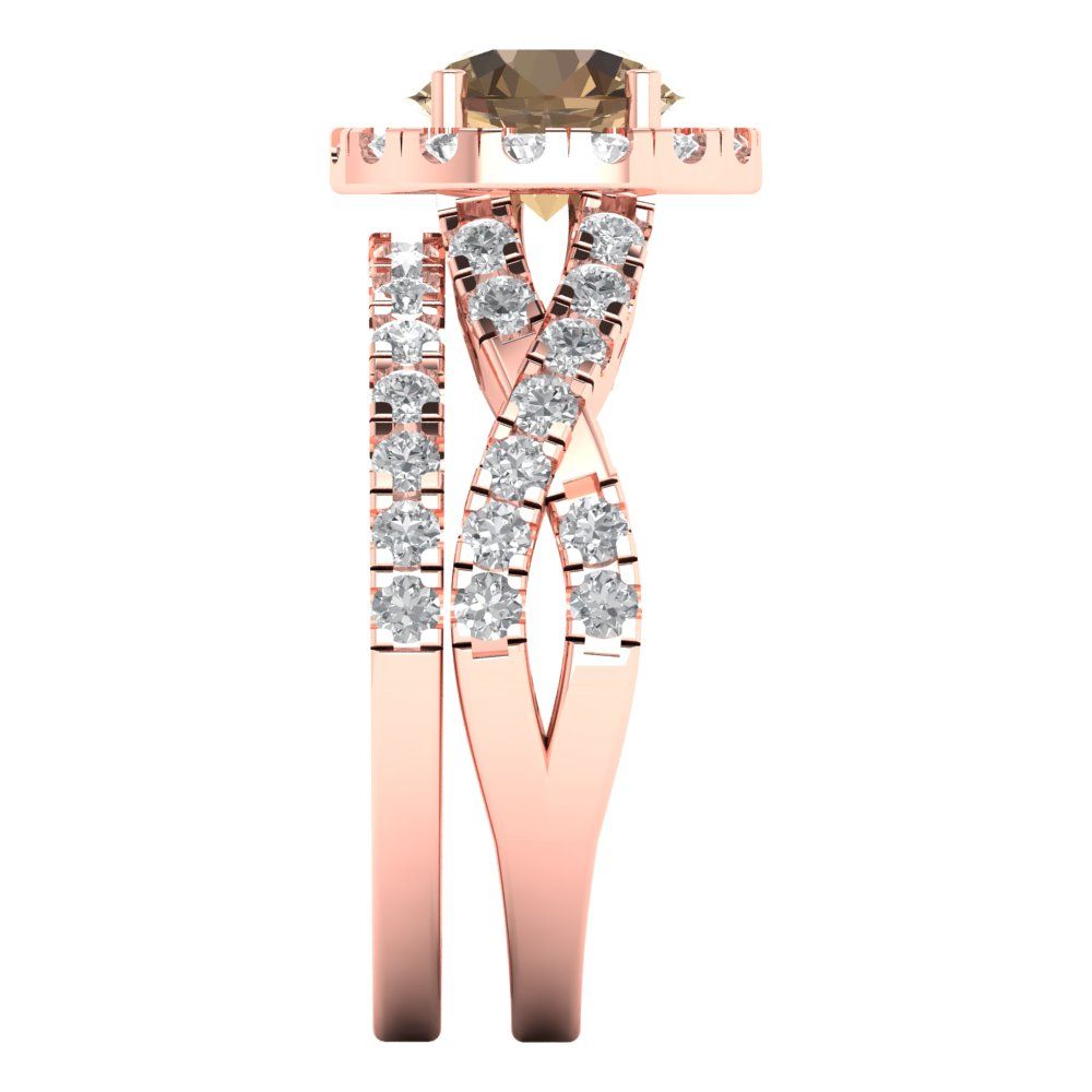 1.795 cttw Round Cut Simulated Champagne Diamond Bridal Set - Solid Rose Gold Engagement Ring & Wedding Band