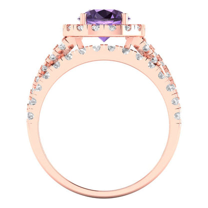 1.795 cttw Round Cut Simulated Alexandrite Bridal Set - Solid Rose Gold Engagement Ring & Wedding Band