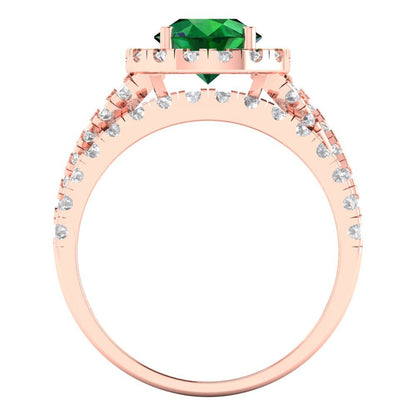 1.795 cttw Round Cut Simulated Emerald Bridal Set - Solid Rose Gold Engagement Ring & Wedding Band