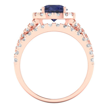 1.795 cttw Round Cut Simulated Blue Sapphire Bridal Set - Solid Rose Gold Engagement Ring & Wedding Band