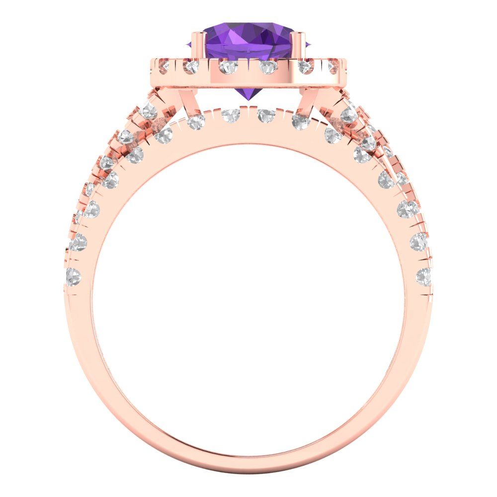 1.795 cttw Round Cut Natural Amethyst Bridal Set - Solid Rose Gold Engagement Ring & Wedding Band