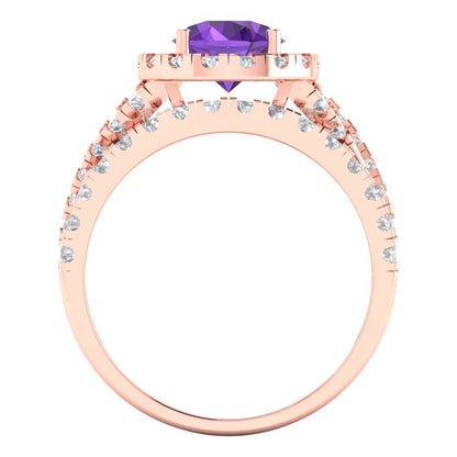 1.795 cttw Round Cut Natural Amethyst Bridal Set - Solid Rose Gold Engagement Ring & Wedding Band
