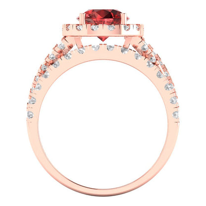 1.795 cttw Round Cut Natural Garnet Bridal Set - Solid Rose Gold Engagement Ring & Wedding Band