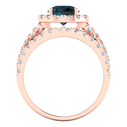1.795 cttw Round Cut Natural London Blue Topaz Bridal Set - Solid Rose Gold Engagement Ring & Wedding Band