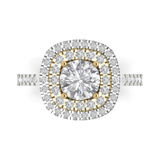 1.615 cttw Zirconia Simulated Diamond Hidden Halo Engagement Ring - Solid White/Yellow Gold (VVS1, Round Cut,6.5mm)