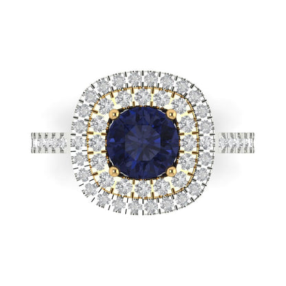 1.615 cttw Simulated Blue Sapphire Hidden Halo Engagement Ring - Solid Gold (Round Cut,6.5mm)