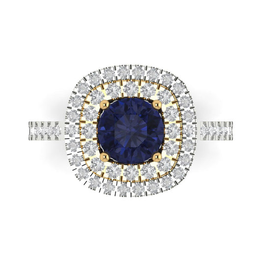 1.615 cttw Simulated Blue Sapphire Hidden Halo Engagement Ring - Solid White/Yellow Gold (VVS1, Round Cut,6.5mm)