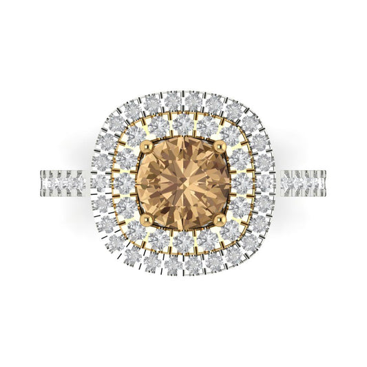 1.615 cttw Zirconia Simulated Champagne Diamond Hidden Halo Engagement Ring - Solid White/Yellow Gold (VVS1, Round Cut,6.5mm)