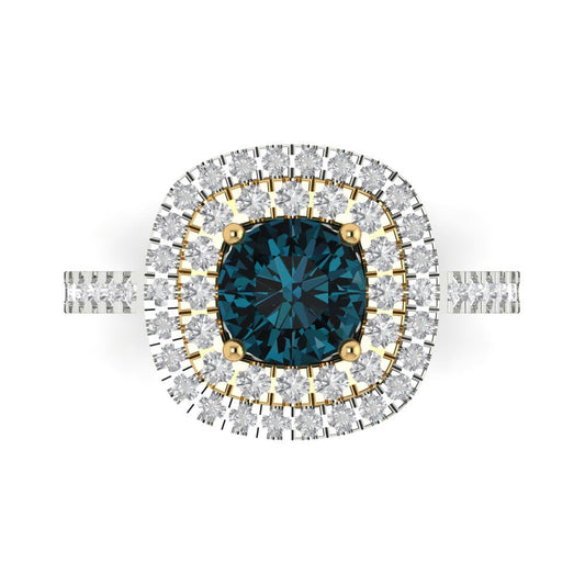 1.615 cttw Natural London Blue Topaz Hidden Halo Engagement Ring - Solid White/Yellow Gold (VVS1, Round Cut,6.5mm)