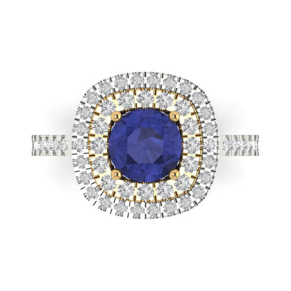1.615 cttw Simulated Tanzanite Hidden Halo Engagement Ring - Solid White/Yellow Gold (VVS1, Round Cut,6.5mm)