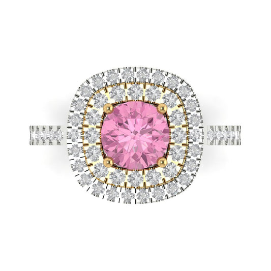 1.615 cttw Zirconia Simulated Pink Diamond Hidden Halo Engagement Ring - Solid White/Yellow Gold (VVS1, Round Cut,6.5mm)