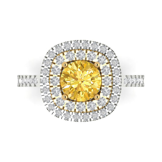 1.615 cttw Zirconia Simulated Yellow Diamond Hidden Halo Engagement Ring - Solid White/Yellow Gold (VVS1, Round Cut,6.5mm)