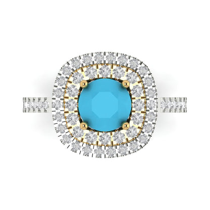1.615 cttw Simulated Turquoise Hidden Halo Engagement Ring - Solid White/Yellow Gold (VVS1, Round Cut,6.5mm)