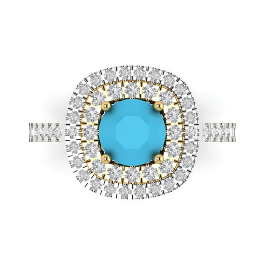 1.615 cttw Simulated Turquoise Hidden Halo Engagement Ring - Solid White/Yellow Gold (VVS1, Round Cut,6.5mm)