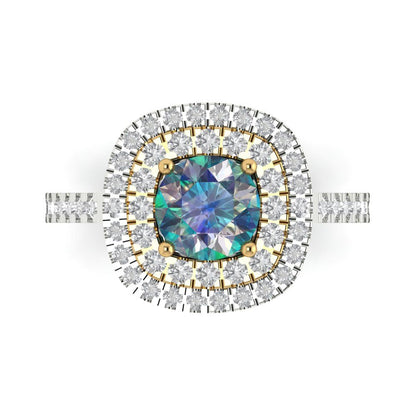1.615 cttw Blue Moissanite Hidden Halo Engagement Ring - Solid White/Yellow Gold (VVS1, Round Cut,6.5mm)
