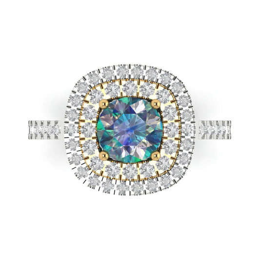 1.615 cttw Blue Moissanite Hidden Halo Engagement Ring - Solid White/Yellow Gold (VVS1, Round Cut,6.5mm)
