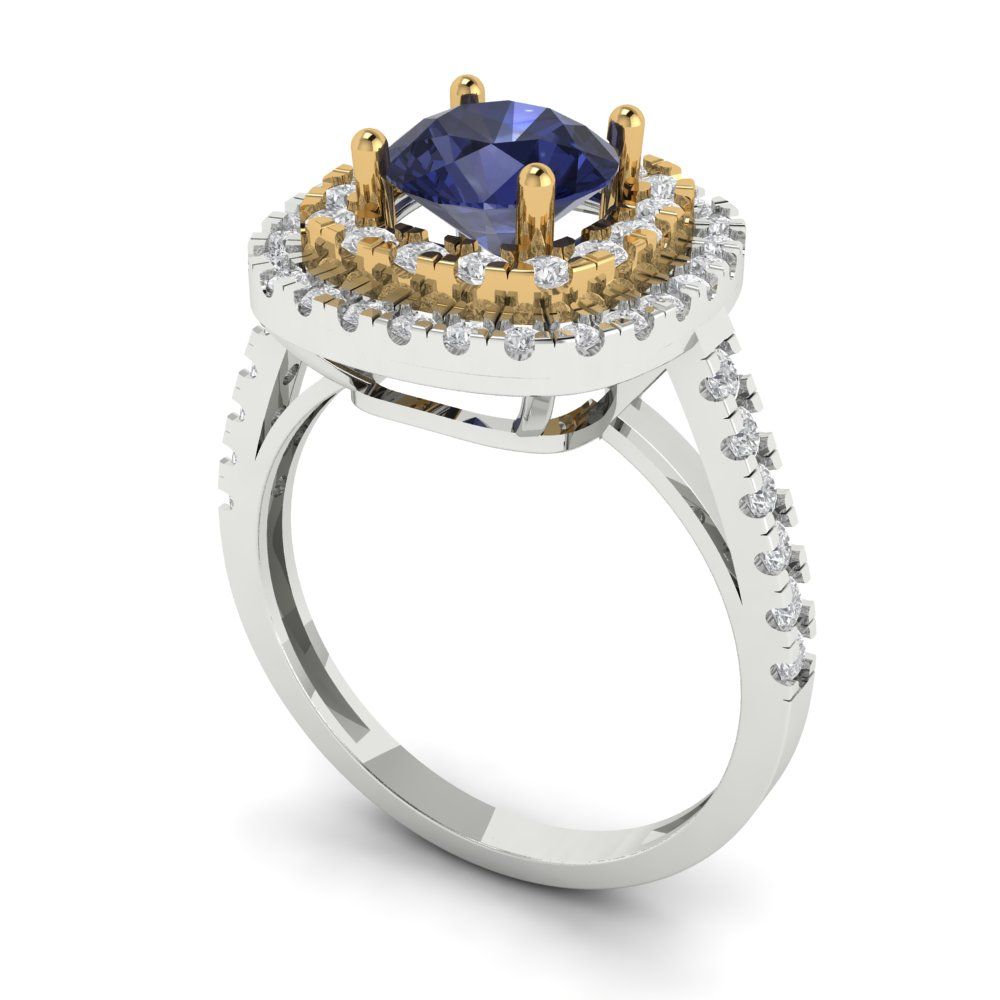 1.615 cttw Simulated Blue Sapphire Hidden Halo Engagement Ring - Solid Gold (Round Cut,6.5mm)
