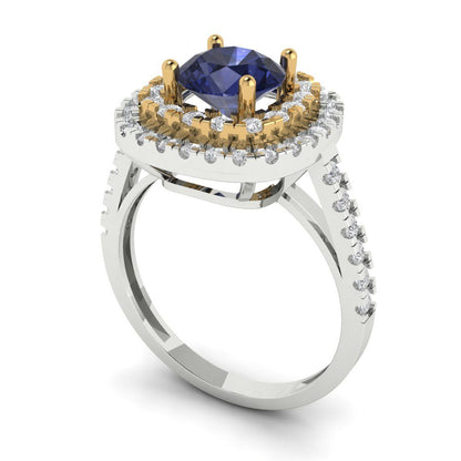 1.615 cttw Simulated Blue Sapphire Hidden Halo Engagement Ring - Solid Gold (Round Cut,6.5mm)