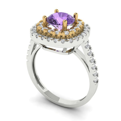 1.615 cttw Simulated Alexandrite Hidden Halo Engagement Ring - Solid White/Yellow Gold (VVS1, Round Cut,6.5mm)