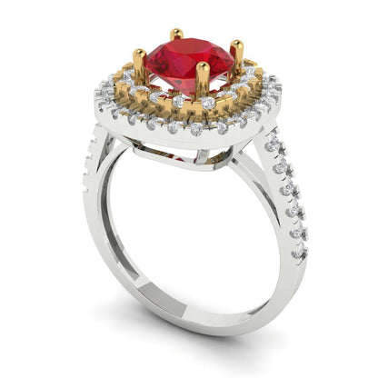 1.615 cttw Simulated Ruby Hidden Halo Engagement Ring - Solid White/Yellow Gold (VVS1, Round Cut,6.5mm)