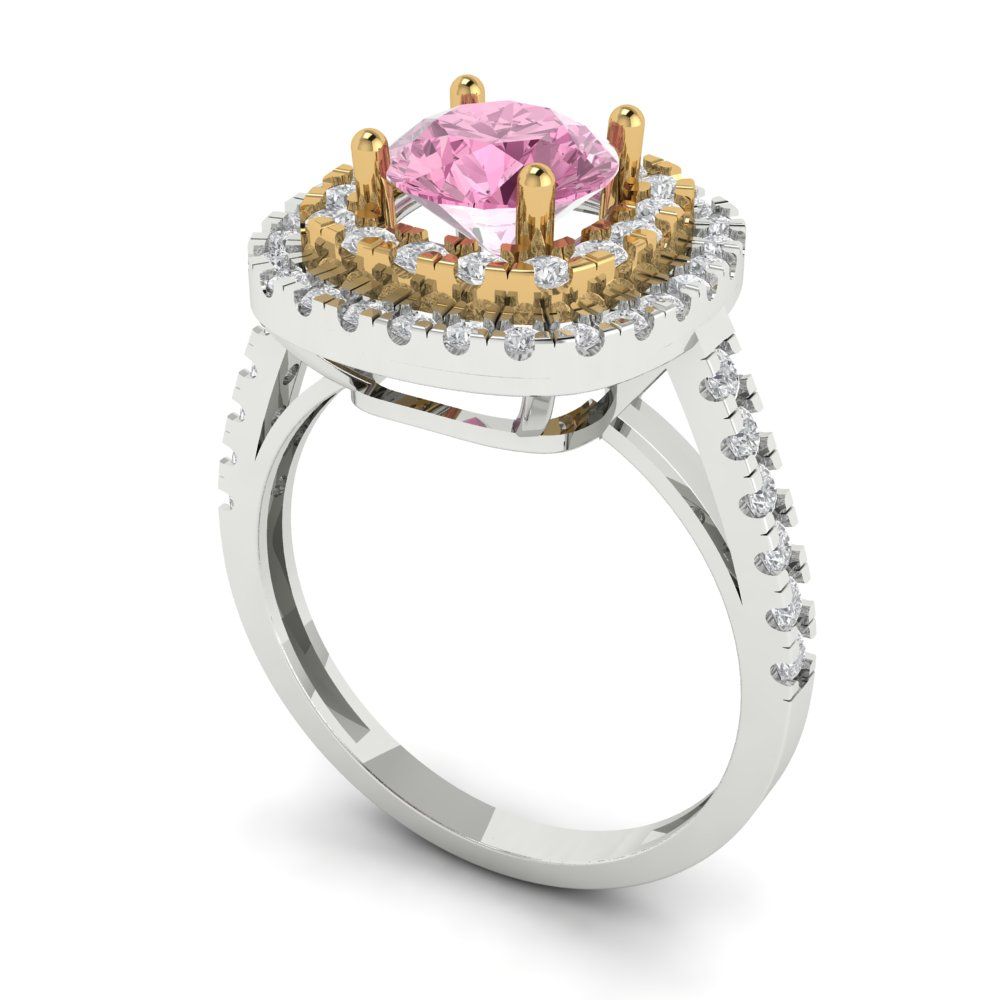 1.615 cttw Zirconia Simulated Pink Diamond Hidden Halo Engagement Ring - Solid White/Yellow Gold (VVS1, Round Cut,6.5mm)