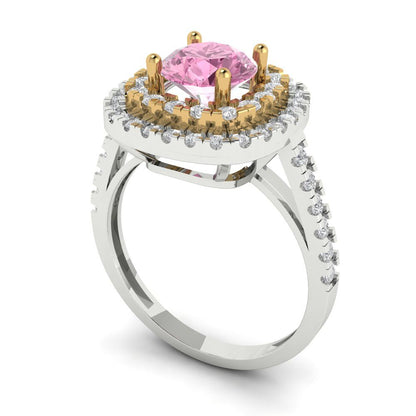 1.615 cttw Zirconia Simulated Pink Diamond Hidden Halo Engagement Ring - Solid White/Yellow Gold (VVS1, Round Cut,6.5mm)