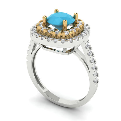 1.615 cttw Simulated Turquoise Hidden Halo Engagement Ring - Solid White/Yellow Gold (VVS1, Round Cut,6.5mm)