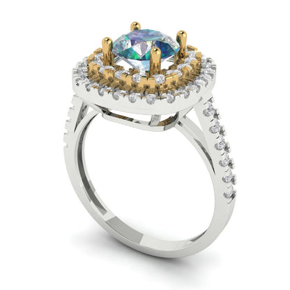 1.615 cttw Blue Moissanite Hidden Halo Engagement Ring - Solid White/Yellow Gold (VVS1, Round Cut,6.5mm)
