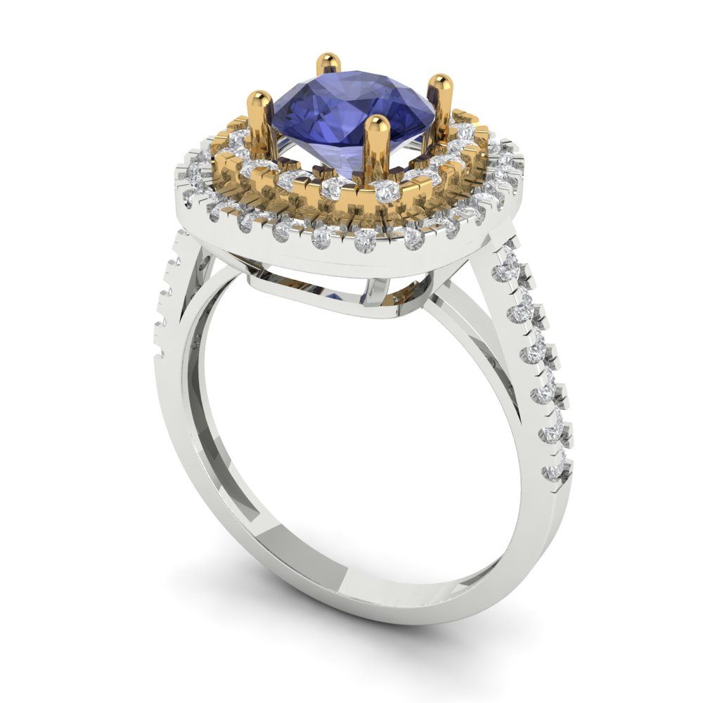 1.615 cttw Simulated Tanzanite Hidden Halo Engagement Ring - Solid White/Yellow Gold (VVS1, Round Cut,6.5mm)